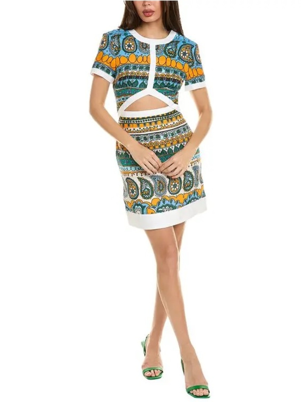 STAUD Perla Linen Mini Dress Size 6 Ibiza Paisley Print Cutout Colorful Boho